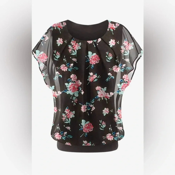 NWT new JINKESI large floral Batwing Short Sleeve Chiffon Top T-Shirt Blouse - Picture 1 of 14